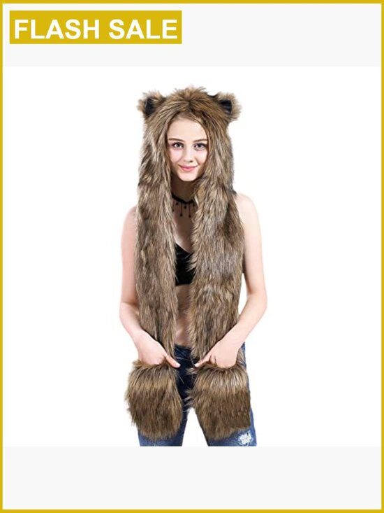 3-in-1 Faux Fur Animal Hood Hat Scarf Gloves Set Winter Warm Unisex main image 4
